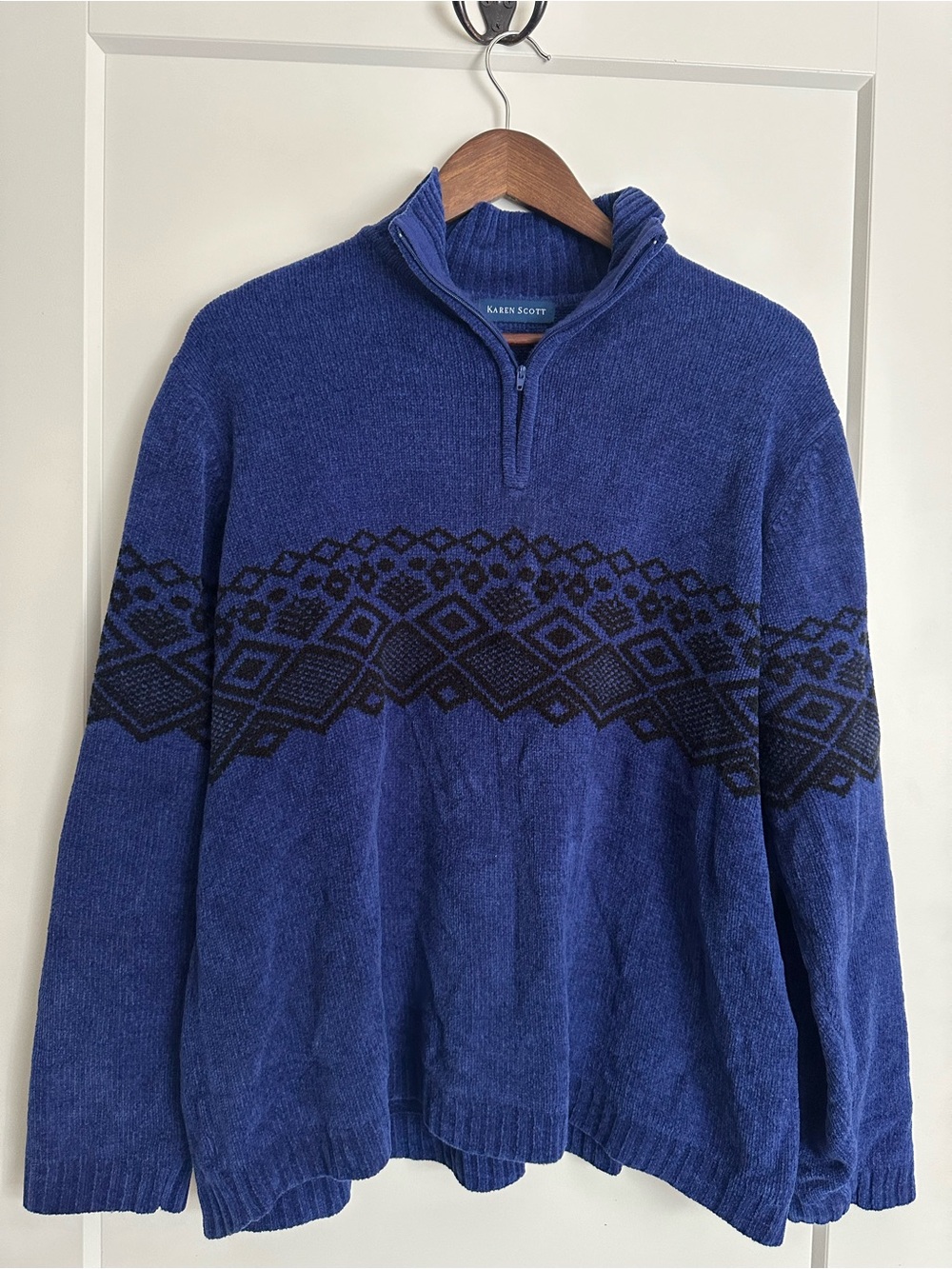 Vintage Royal Blue Karen Scott Quarter Zip Sweater Geometric Pattern Pullover XL